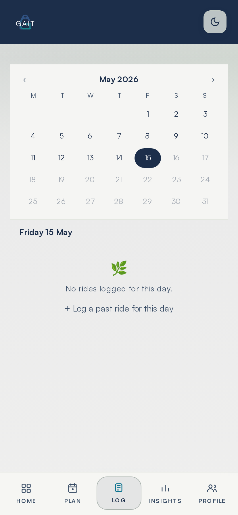 Log screen with a monthly calendar of rides.