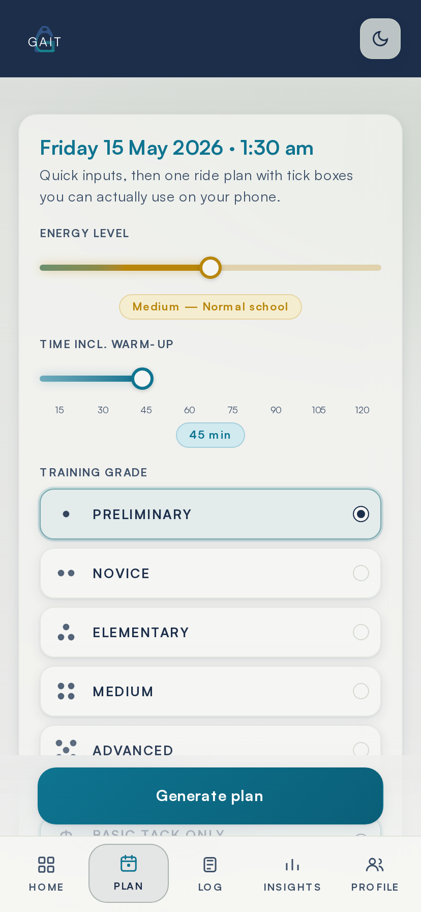 GaitEQ Plan screen showing a 45-minute Preliminary session with energy, time and training-scale inputs.