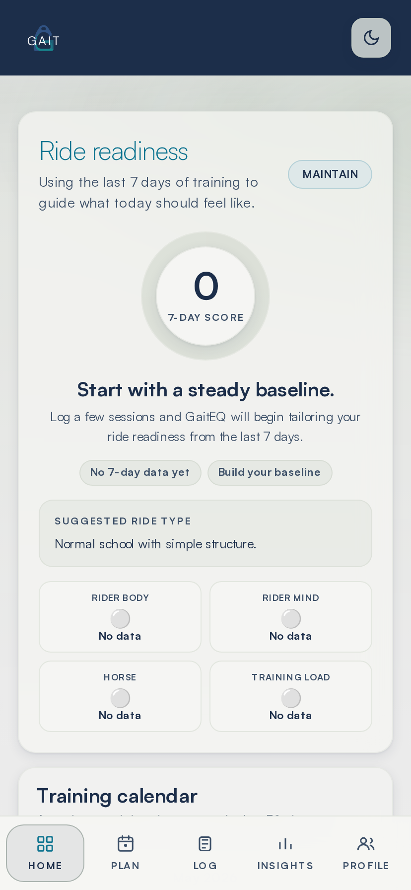 GaitEQ Today screen showing ride readiness and suggested ride type.